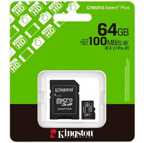 Cartão De Memória Sd, Kingston, Canvas, Select Plus, Class 10uhs-I 64gb Micro+Adaptador - Sdcs3/64gb