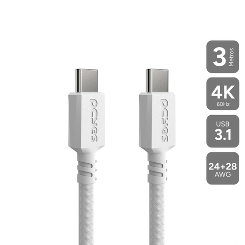 Cabo Usb Tipo-c 3.1 P/ Usb Tipo-c 3.1 - Branco - 3metros - Nylon - Pucp3b