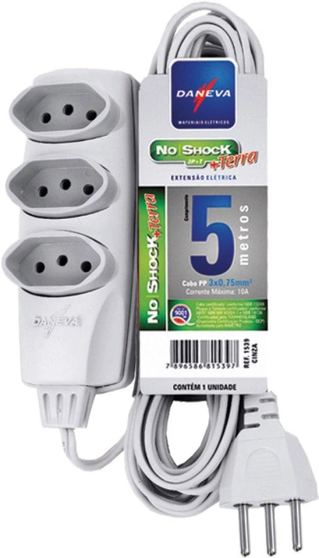 Extensao Daneva Noshock 90 Pp 3x0,75 3 Pinos 2p+t 10a Cinza 5 Metros Dn1539