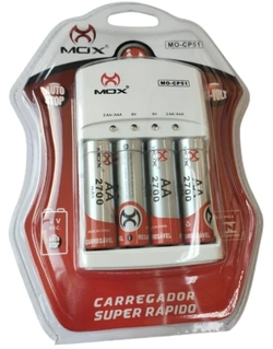Carregador de Pilhas Mox CP52 c/4 pilhas AAA 1000mAh.