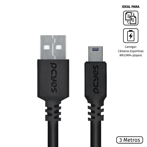 Cabo Usb-a 2.0 x Mini Usb-b 28awg Puro Cobre Pcyes 3 Metros - Puanm2-3