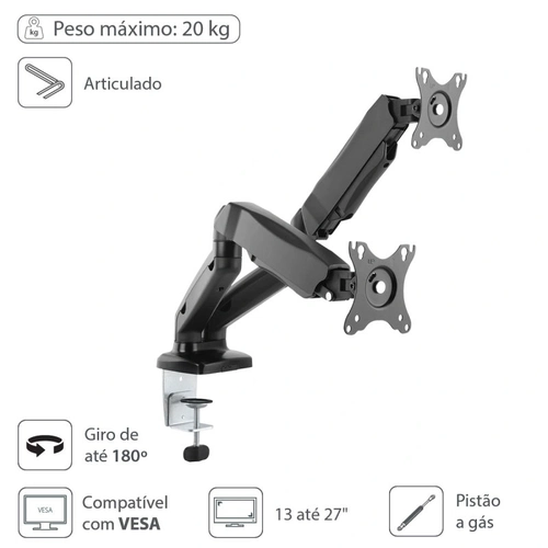 Suporte Articulado para 2 Monitores de 17 a 32 C/ Pistão a Gás - Sm-341b