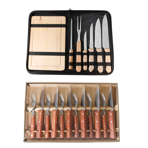 Kit de 12 facas, 12 Garfos e uma Kit Churrasco de 4 Facas, 1 Garfo Churrasco, 1 Amolador e 1 Tábua