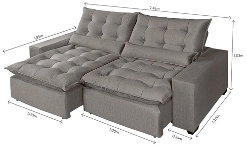 Estofado Retrátil e Reclinável Moscou 2,48mt Suede Cinza/Claro