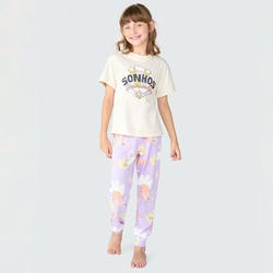 Pijama Manga Curta e Calça Sonhos Hering Bege - Feminino