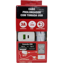 Cabo Prolongador 3a C/ Tomada Usb 3m Branco Force Line
