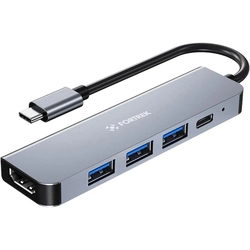 Hub Adaptador USB-C Fortrek DC53, 5 em 1, HDMI 4K, 3x USB 3.0 e PD 100W, Cinza, 76784