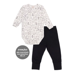 Conjunto Body Manga Longa Estampado e Mijão Liso Suedine Unissex - Fazendinha