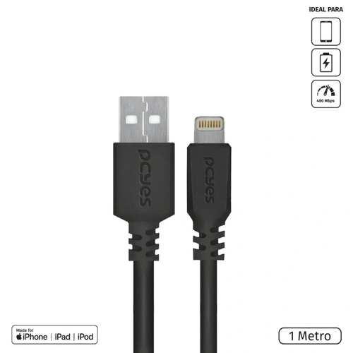 Cabo USB-A 2.0 x Lightning Iphone Com Certificado MFI Pcyes 1 Metro Preto - PUALP-01