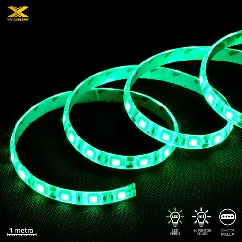 Fita de Led Vx Gaming Verde Com Conexão Molex 60 Pontos de Led 1 Metro - Ldm1