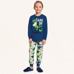 Conjunto Pijama Malha Manga Longa Estampado Game On Dino Azul Fakini – Masculino