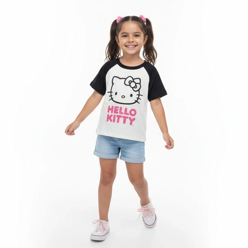 Camiseta Manga Curta By Gus Hello Kitty Feminino - Bege/Preto