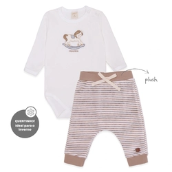 Conjunto Body Manga Longa Bordado e Calça Listrada Suedine Masculino - Brinquedos Masculinos