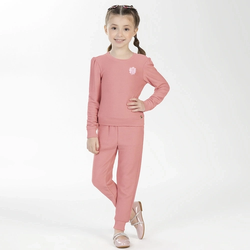 Conjunto Blusa Manga Longa e Calça Canelado Cotelê Aplique Flor Cativa - Feminino