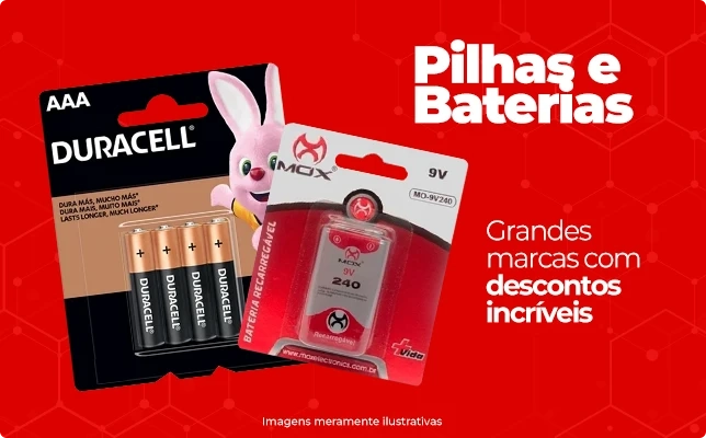 Pilhas e Baterias grandes marcas com descontos incríveis.