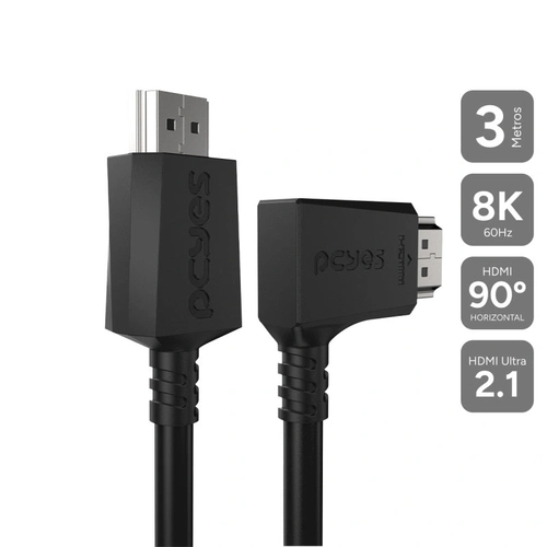 Cabo Hdmi 2.1 Pcyes Conector 90º Horizontal - Preto - 3m - Ph21-3h-a