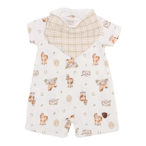 Conjunto Macacão Manga Curta Com Babador Bandana Suedine Atoalhado Masculino - Cavalinhos