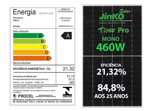 Painel Solar Fotovoltaico Painel Jkm460m-60hl4-v 460w Tiger Pro Mono Perc Half Cel 21,32% Efic 120 Cel