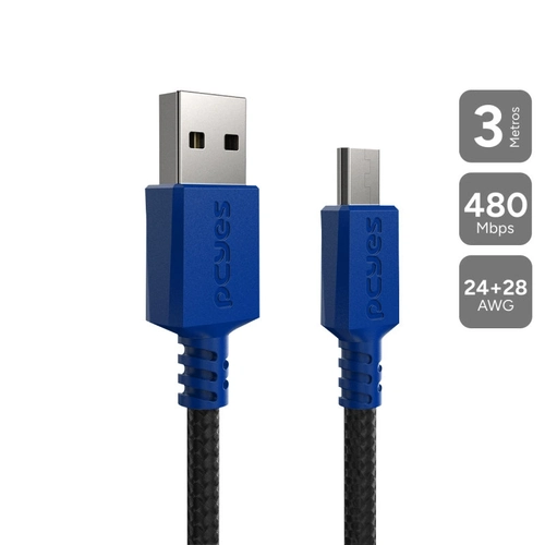 Cabo Micro Usb para Usb a 2.0 - Conector Azul - P/ Ps4 - 3m - Nylon Pcyes - Pmuan-3a
