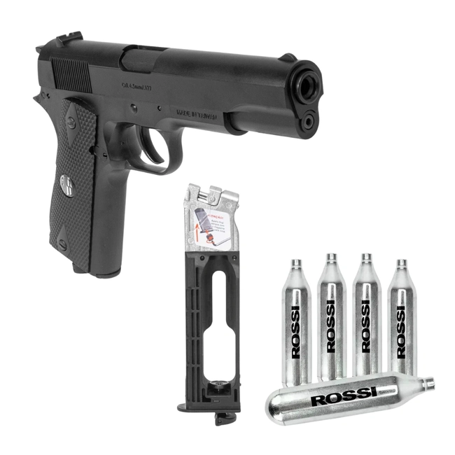 (Kit) Pistola de Pressão Co2 Rossi 1911 W125B 4.5mm + 5 Cápsulas de CO2 + Magazine - (Rossi)