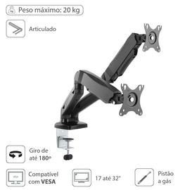 Suporte a Gás para 2 Monitores 17 a 32 Vesa 100x100 Sm-341b