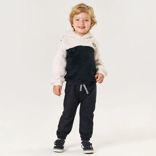 Conjunto Blusa e Calça em Pelinho com Capuz Bege e Preto Tileesul - Masculino