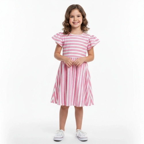 Vestido Manga Godê Malwee Listras Tricolor Feminino - Rosa