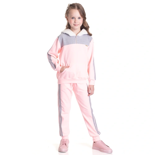 Conjunto Manga Longa Moletom com Capuz Rosa e Mescla Randa Mundu - Feminino
