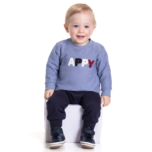 Conjunto Moletom Happy Bebê Azul Randa Mundu - Masculino