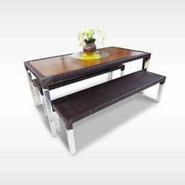 Mesa de Jantar 6 lugares de Madeira Fibra Sintética e Alumínio  Banco 180X90cm Dourados