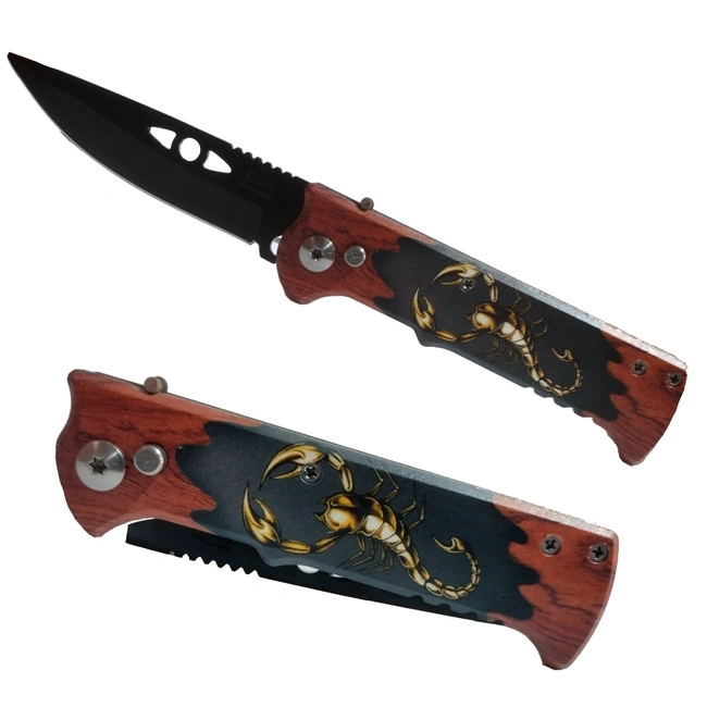 Canivete Tático Clip Escorpião Dourado Cabo Madeira