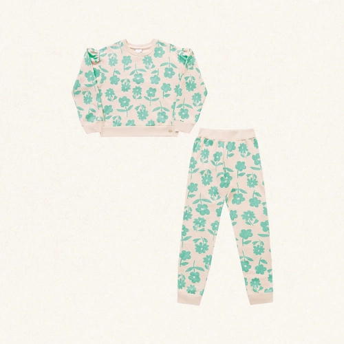 Conjunto Moletom Blusa e Calça Flores Verdes Fakini - Feminino