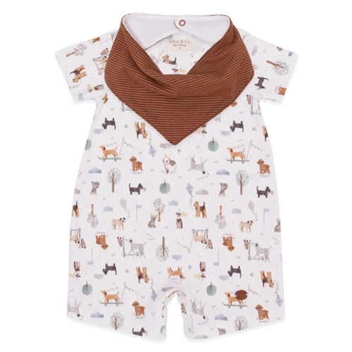 Macacão Manga Curta e Babador Suedine Masculino – Cachorrinho no Parque