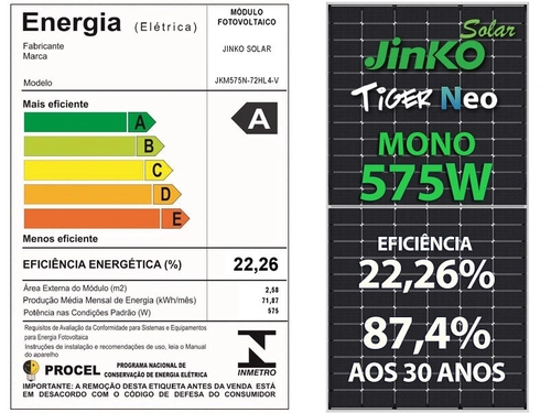 Painel Solar Fotovoltaico Painel Jkm575n-72hl4-v Tiger Neo 575w 144 Cel. n Type Mono 22,26% Eficiencia