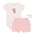 Conjunto Body Manga Curta e Shorts Com Babadinho Suedine e Tricot Feminino - Ursinha e Cavalinho