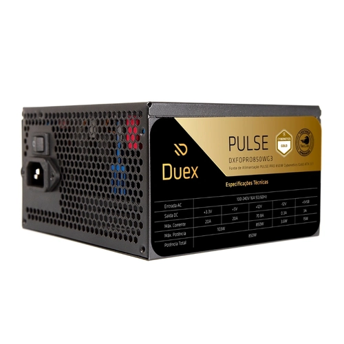 Fonte Duex Pulse Pro 850W, Full Modular, 80 Plus Gold, PFC Ativo, Preto - DXFOPRO850WG3