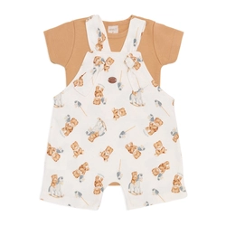 Conjunto Body Manga Curta e Jardineira Amarração Suedine Masculino – Ursinho e Cavalinho