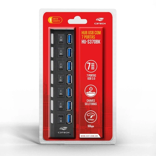 Hub USB C3TECH 7 portas 3.0 com chave HU-S370BK