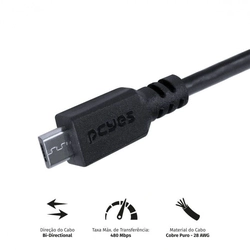 Cabo Pcyes Para Celular Smartphone Micro USB Para USB A 2.0 2 Metros Preto - PMUAP-2