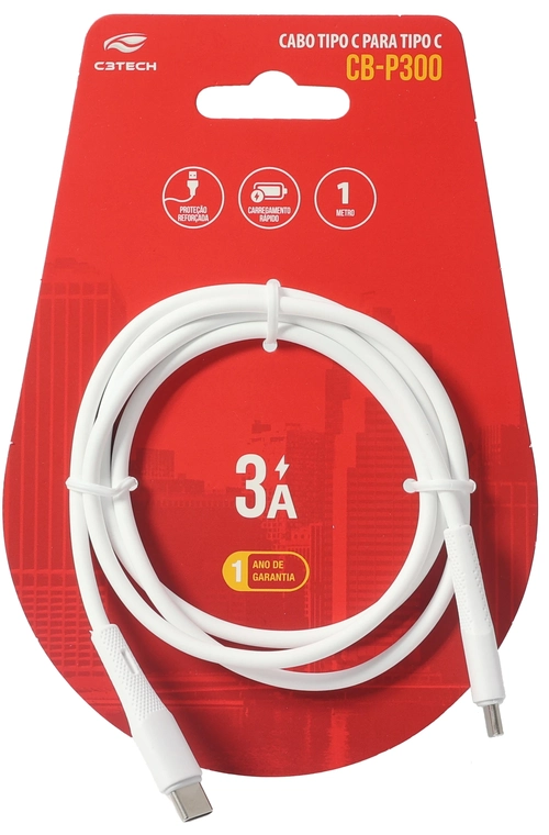 Cabo USB-C Tipo-C Para USB-C Tipo-C C3tech 1M Branco - CB-P300WH