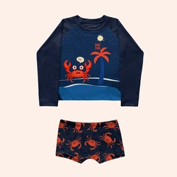 Conjunto Camiseta Manga Longa e Sunga Boxer Surf Time Hi! Fakini Masculino - Azul Marinho