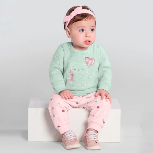 Conjunto Blusão Microsoft e Calça Jogger Ursinho Verde Brandili - Feminino