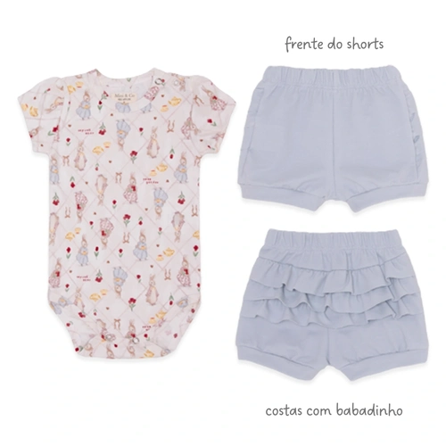 Conjunto Body Manga Curta Bordado e Shorts Babado Suedine Feminino – Rose Garden
