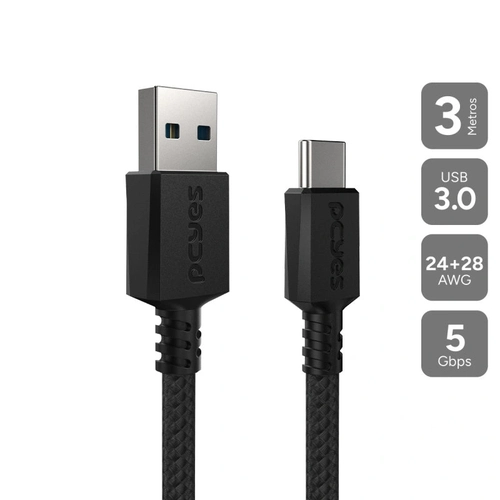 Cabo Usb a 3.0 Macho P/ Usb Tipo-c - Preto - 3m - Nylon Pcyes - Cbpy003p