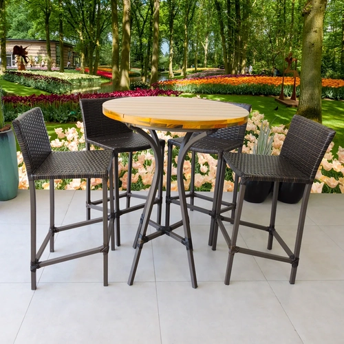 Conjunto 1 Mesa Bistrô Madeira 4 Banquetas Fibra e Alumínio Epóxi Dourados