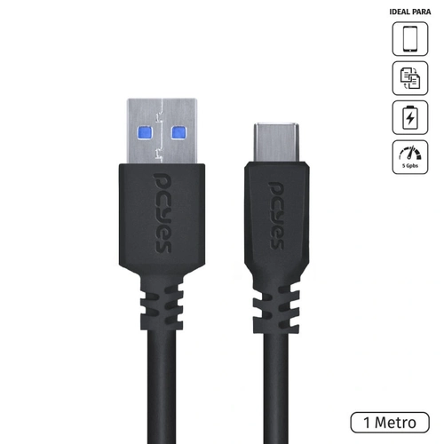 Cabo Usb-C Tipo-C Para USB-A 3.0 Pcyes 1 Metro Preto - P3UACP-1