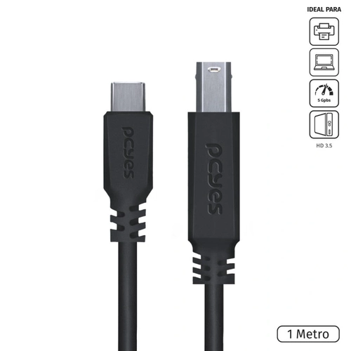 Cabo Para Impressora Usb-C Tipo-C Para USB-B 3.0 Pcyes 1 Metro Preto - P3UCBP-1
