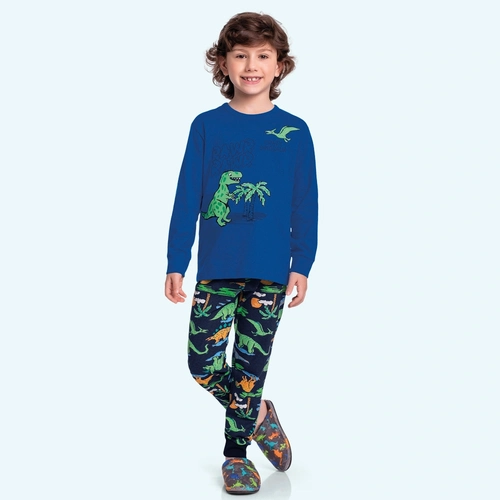 Conjunto Camiseta Manga Longa e Calça Pijama Crazy Dinosaur Fakini Masculino