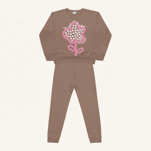 Conjunto Moletom Blusão e Calça Florescer Marrom Fakini - Feminino