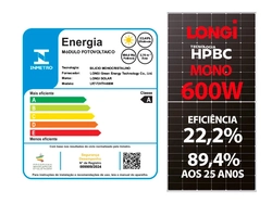 Painel Solar Fotovoltaico LONGi LR7-72HTH-600M – 600 W, 144 Células, Monocristalino BC, 22,4% de Eficiência